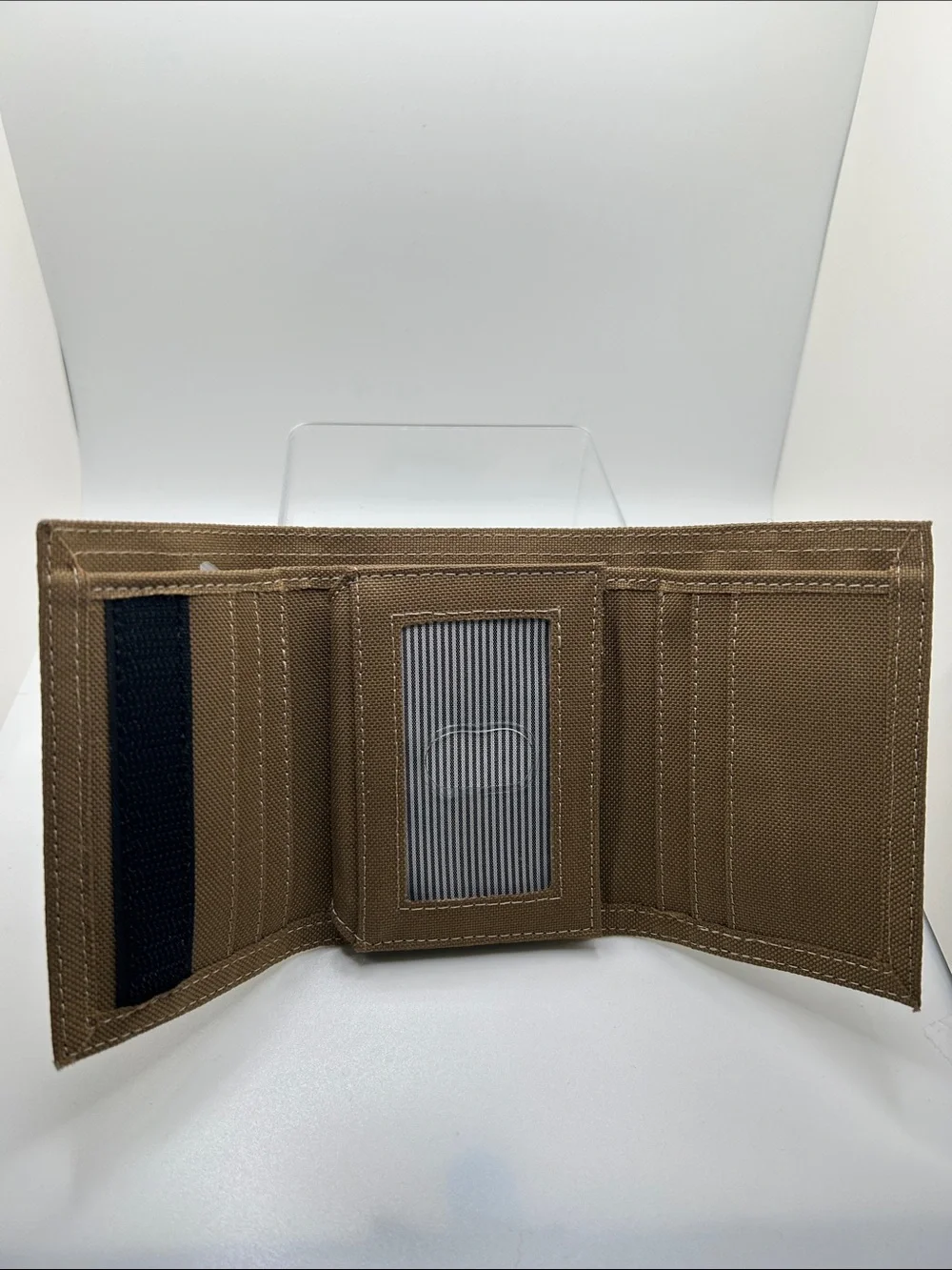 Canvas wallet. Open its 9.5. 4.5 H trifold